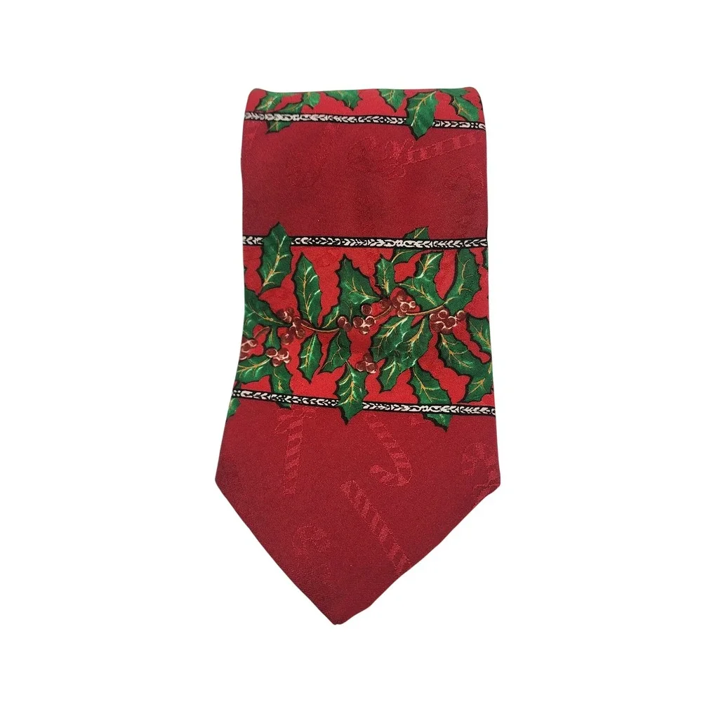 Vintage Hallmark Yule Tie Greetings Christmas Holly Candy Cane Red Silk Tie USA